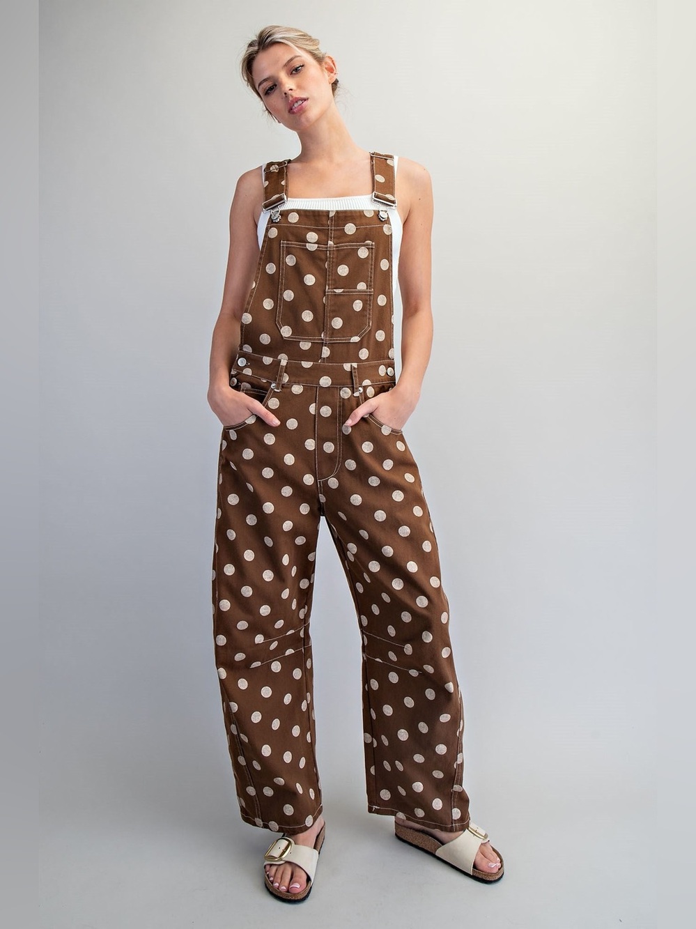 Polka Dot Barrel Leg Mineral Washed Denim Overalls - eesome